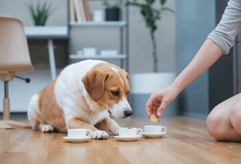 A corgi dog with white and brown fur sitting near a row of white cups and sniffing a hand.