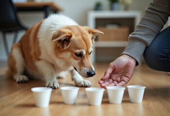 A corgi dog with white and brown fur sitting near a row of white cups and sniffing a hand.