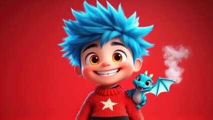Cartoon Boy Smiling with Dragon Toy on Red Background