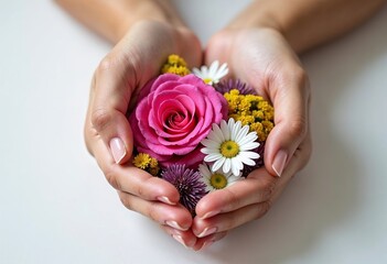 Hands holding a bunch of red, yellow and purple gerbera flowers on a yellow background.
