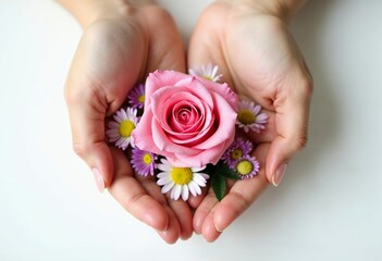 Hands holding a bunch of pink, white and purple flowers on a yellow background.