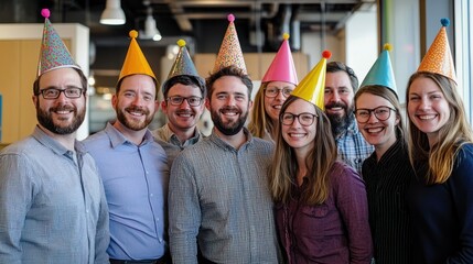 Group of coworkers wearing colorful party hats