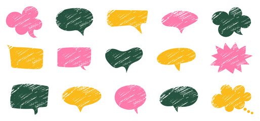 Set of colorful speech bubbles in grunge texture. Dialogue box in doodle style. Modern vintage vector illustration. Text boxes for chats and games. Various talk balloon shapes in retro 90's style