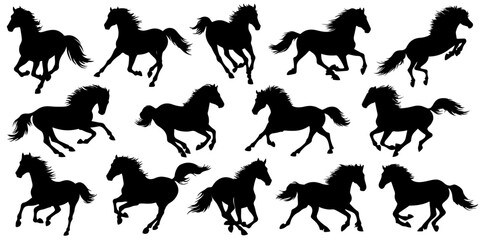 Set of horse silhouette in different poses - galloping, rearing, jumping. Hand drawn black horse isolated on white background. Vector illustration of decorative elements for design decor.