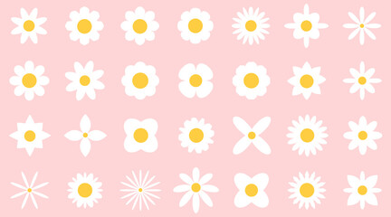 Set of white abstract flowers on pink background. Retro geometric spring flowers. Groovy simple flowers set. For greting card, poster, banner, social media.