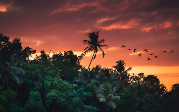 Tropical jungle silhouette at sunset with birds flying across a vibrant red sky