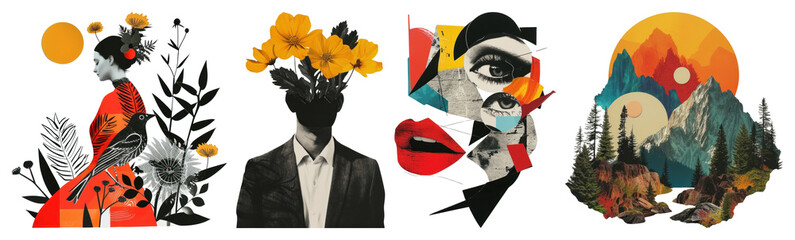 Fototapeta na wymiar PNG Vibrant surreal artistic collage, element set on transparent background