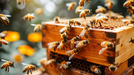 Swarm of bees flying around a wooden beehive in a vibrant garden, showcasing the busy activity of pollination and the importance of bees in nature's ecosystem