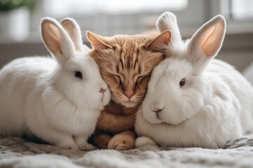 A cat and two white rabbits cuddling together on a bed