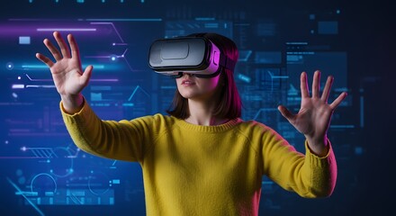 Metaverse technology concept. Woman with VR virtual reality goggles. Futuristic lifestyle