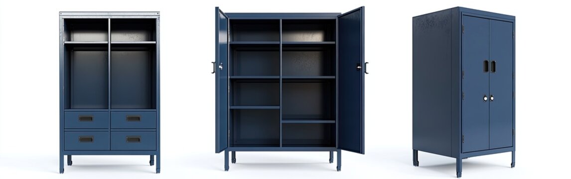 Three views of a navy blue, multi-compartment storage cabinet with open shelving and drawers