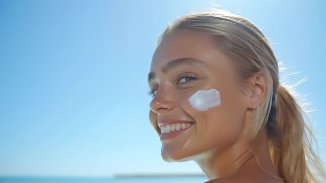 Blonde woman with slicked-back hair smiles with sunscreen on her cheek under a blue sky
