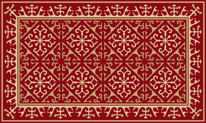 Vector red with gold Square Kazakh national ornament. Ethnic pattern of the peoples of the Great Steppe, Mongols, Kyrgyz, Kalmyks, Buryats.
