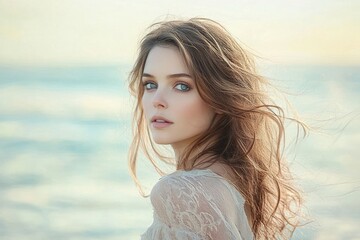 Young woman with flowing hair and delicate lace top gazing thoughtfully by the seaside with soft pastel ocean background