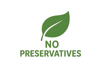 A green leaf icon above the text NO PRESERVATIVES, indicating a product without artificial additives. Concept Natural Ingredients, Healthy Choices, Clean Label, Organic Options