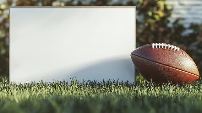 American football resting against a blank canvas frame in a serene outdoor setting