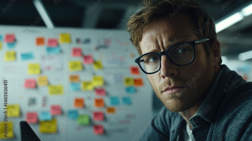 Poster focused man analyzes colorful sticky notes in busy office during brainstorming session