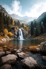 A small waterfall in the middle of a mountain lake surrounded by trees