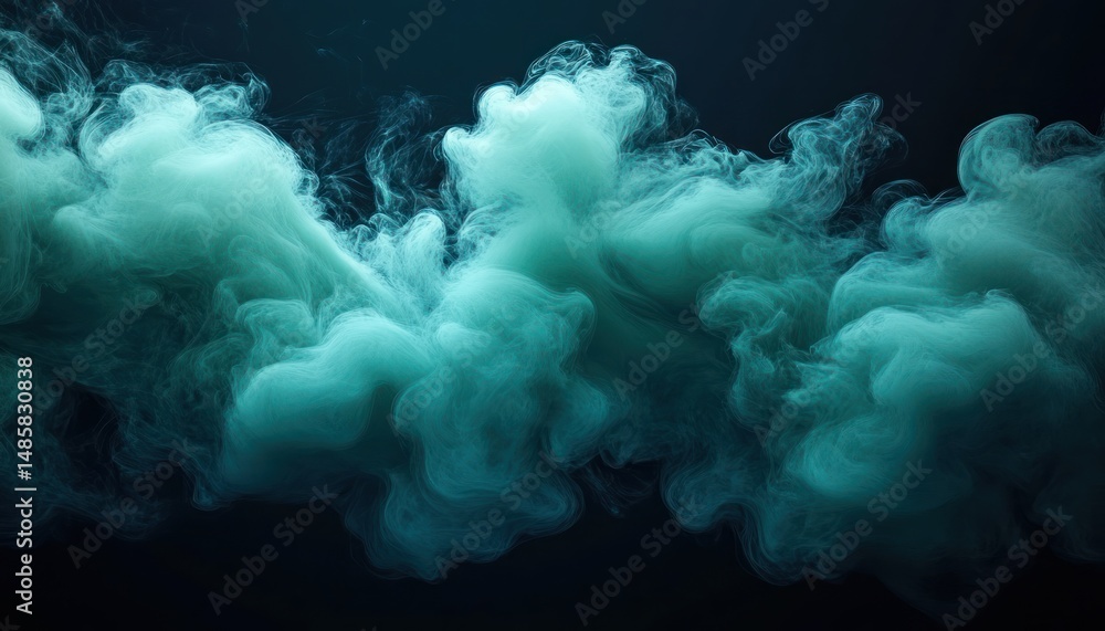 Poster abstract turbulent cloud of teal-colored smoke or ink swirling in dark background creating fluid, ai