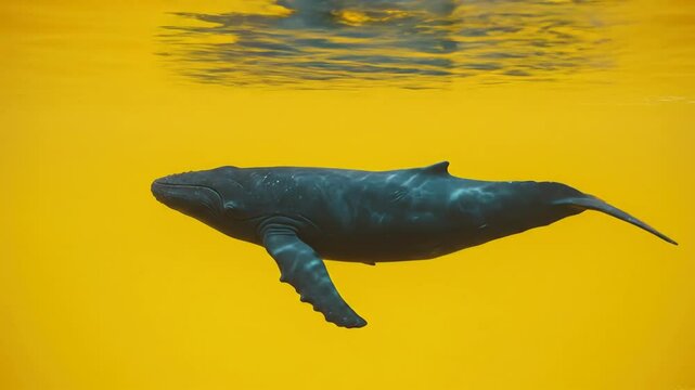 Graceful humpback whale gliding under vibrant yellow waters at sunset