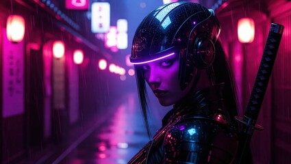 Obraz premium Cyberpunk Woman with Sword in Neon Lit Alleyway