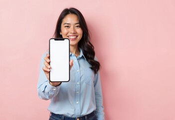 A smartphone mockup with a blank white screen with a blurred smiling woman face , for online advertising  and online marketing.