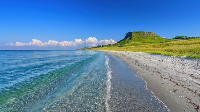 Sunny coastal landscape with a tranquil beach and hill.