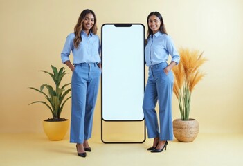 A smartphone mockup with a blank white screen with a smiling woman, for online advertising  and online marketing.