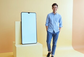 A smartphone mockup with a blank white screen with a smiling young man, for online advertising  and online marketing.
