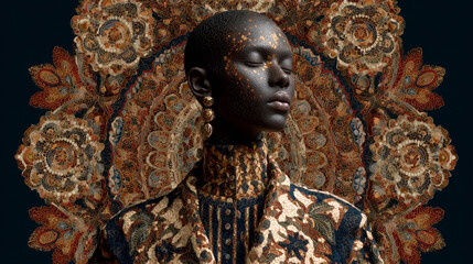 Obraz premium 民族柄の豪華な衣装を纏った女性のポートレートと装飾的背景 generative ai