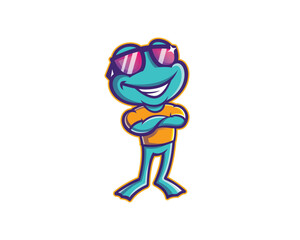 Cartoon Frog Character Mascot vector illustration. Cute frog mascot wearing sunglasses.
