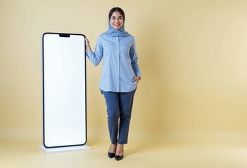A smartphone mockup with a blank white screen with a smiling muslim woman, for online advertising  and online marketing.
