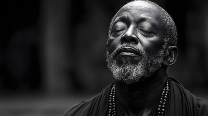 Serene Black and White Portrait of a Meditating Monk