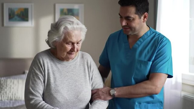 Gentle Caregiver Helping Senior Woman Indoors with Teal Scrubs and White Hair Providing Support Affectionate Assistance and Medical Professionalism Togetherness Geriatric Retirement
