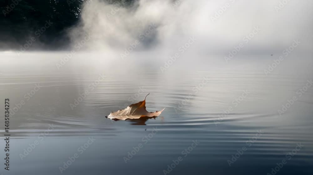Aufkleber a single autumn leaf floating peacefully on a calm lake surface with a misty background creating a s
