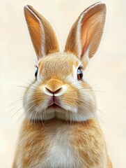 Close-up of a cute light brown and white rabbit with large upright ears and shiny eyes against a soft neutral background, expressing curiosity