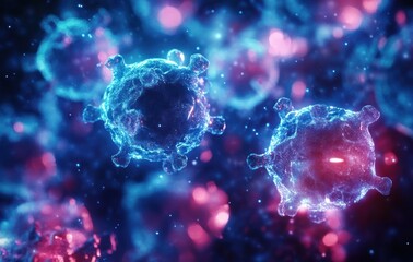 Close-up 3D visualization of virus particles with glowing blue and pink colors floating in a microscopic environment