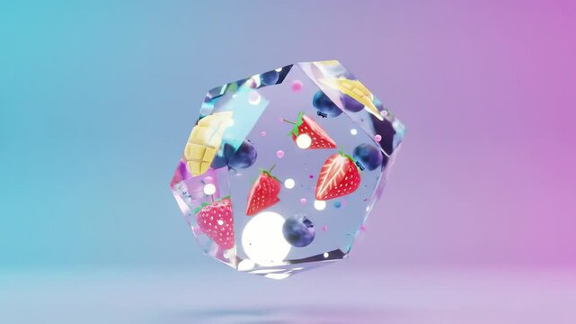 Rotating geometric crystal with vibrant embedded fruits on a pastel gradient