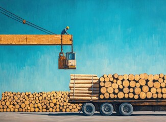 Obraz premium A worker on a crane lifts a large wooden beam near a truck loaded with logs against a blue sky.