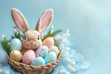 cute brown bunny sitting in a woven basket surrounded by pastel-colored speckled eggs and green pine branches on a soft blue fabric background