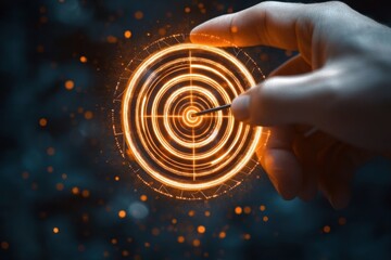 Hand placing an arrow in the center of a glowing orange digital target symbolizing precision and focus in a dark blurred environment