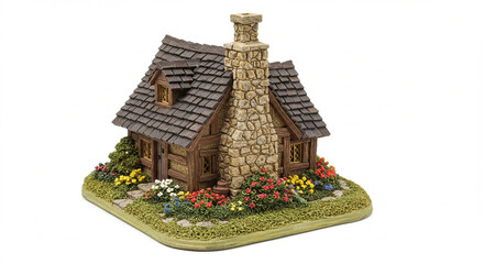  Rustic Village Cottage Model with Gable Roof and Stone Chimney
