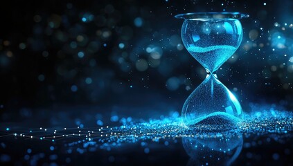 Time flowing,  a digital hourglass.  Sand falls through the glass, reflecting a digital,  blue glow.  A cosmic,  mystical feel