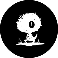 Monochrome whimsical alien creature in a circular frame evoking minimalistic art
