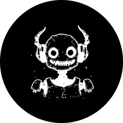 Abstract character wearing headphones in a dark circle for musical expression