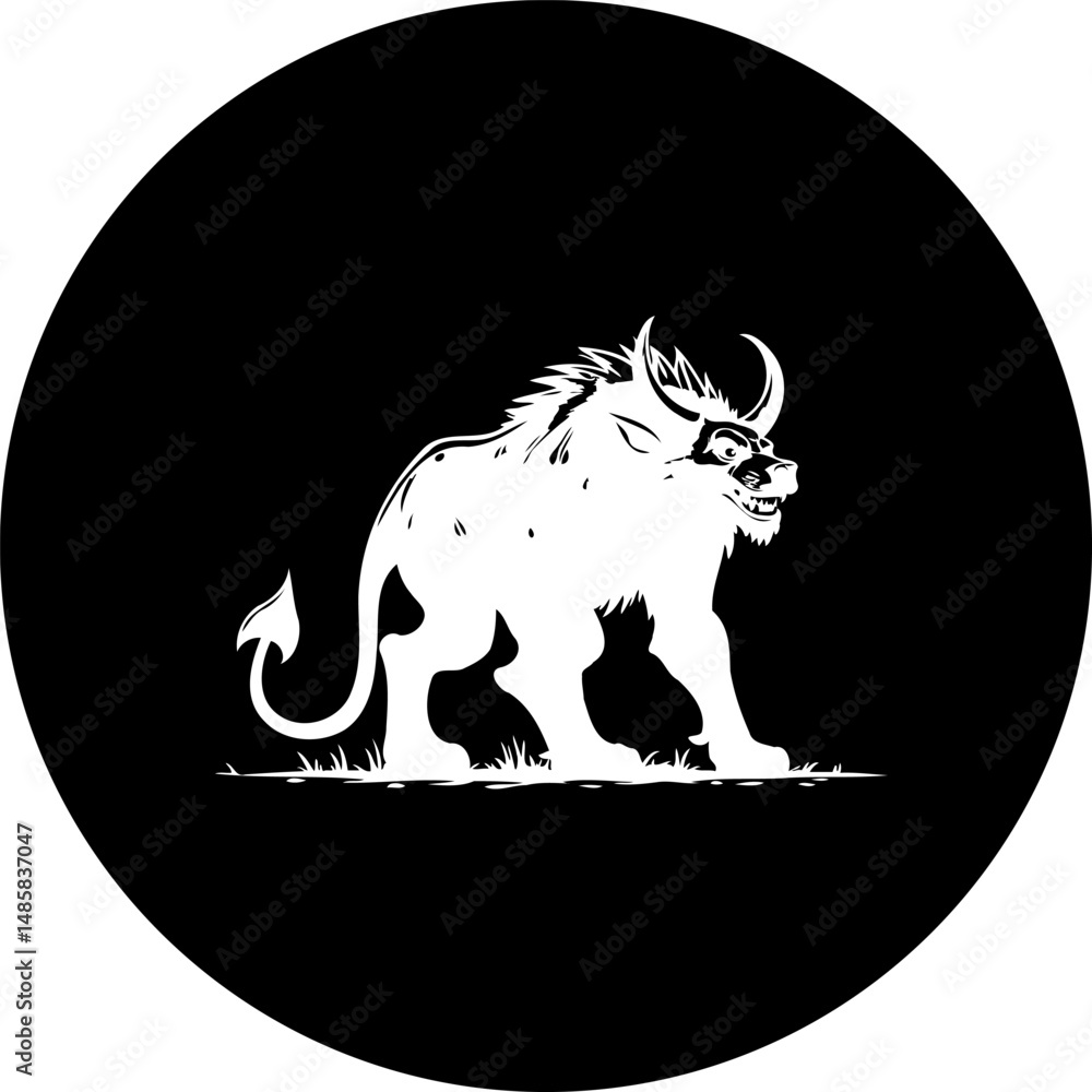 Poster striking monochrome rendering of a stylized bull within a circular format design