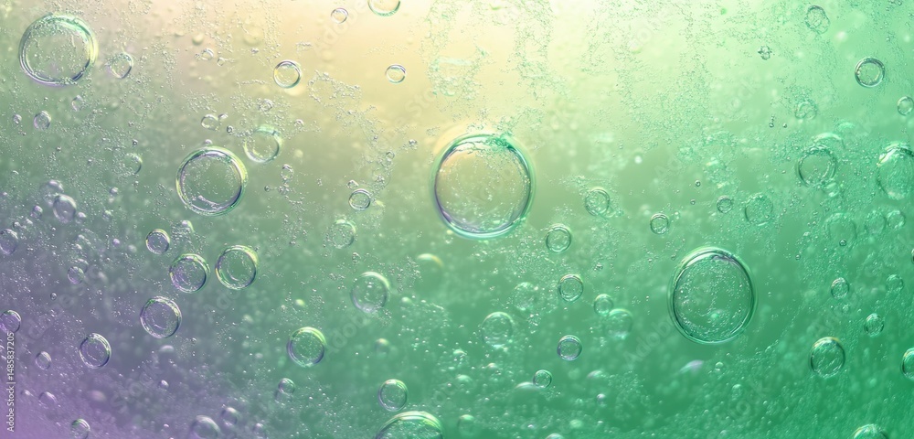 Poster close-up view of numerous transparent bubbles suspended in a colorful liquid gradient background wit