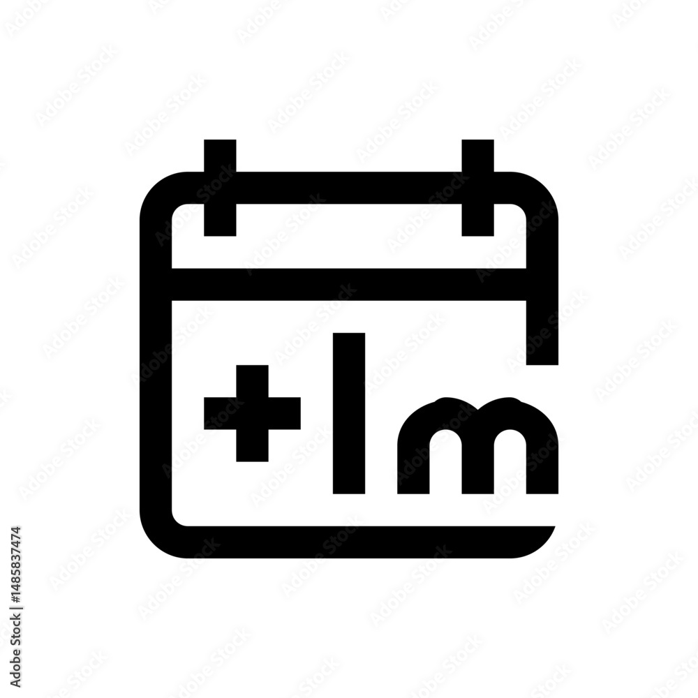 Poster black and white calendar icon with plus sign and letters l and m representing time increment of one 