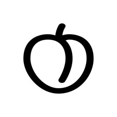 A simple black and white outline drawing of a plum fruit with a short stem on a white background image