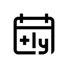 Black outlined calendar icon with plus sign and letters ly indicating yearly addition or reminder icon